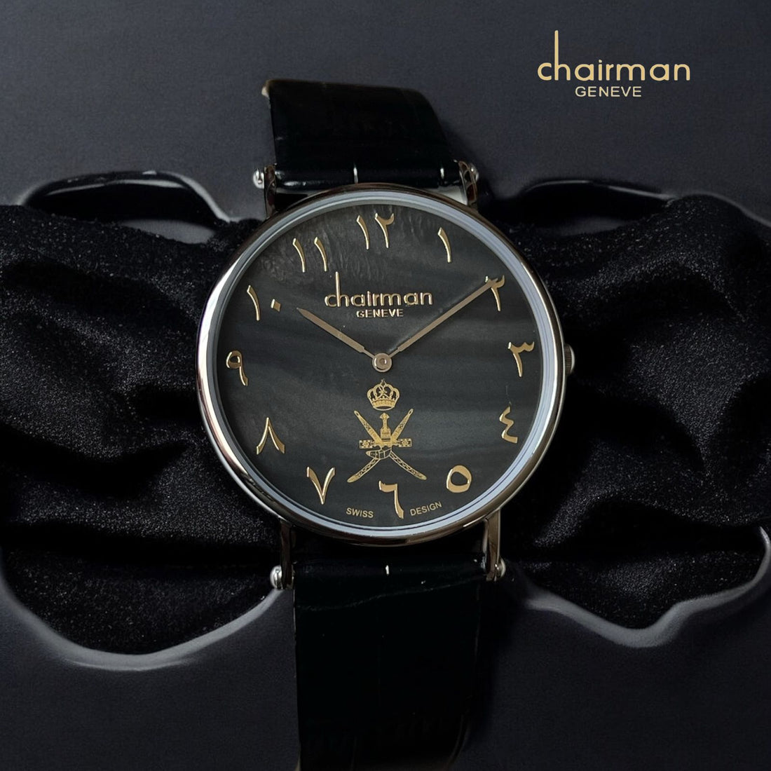 Chairman Geneve OMAN Emblem Black Marble Dial Black Strap Gents Watch