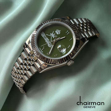 Chairman Geneve OMAN Emblem Dated Arabic Green Dial Silver Chain Gents Watch