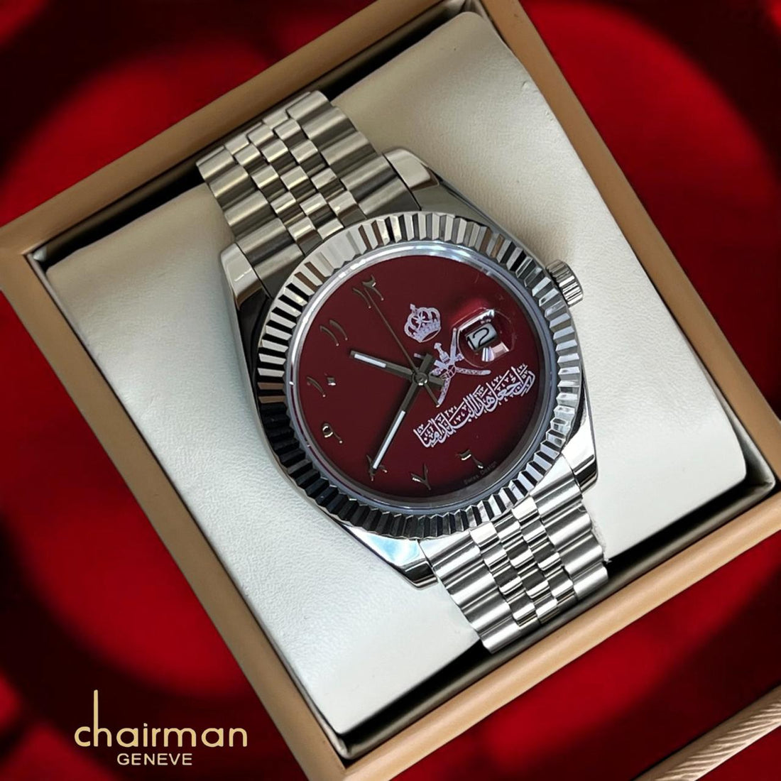 Chairman Geneve OMAN Emblem Dated Arabic Red Dial Silver Chain Gents Watch