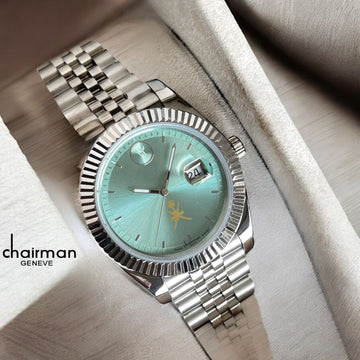 Chairman Geneve OMAN Emblem Dated Baby Green Dial Silver Chain Gents Watch