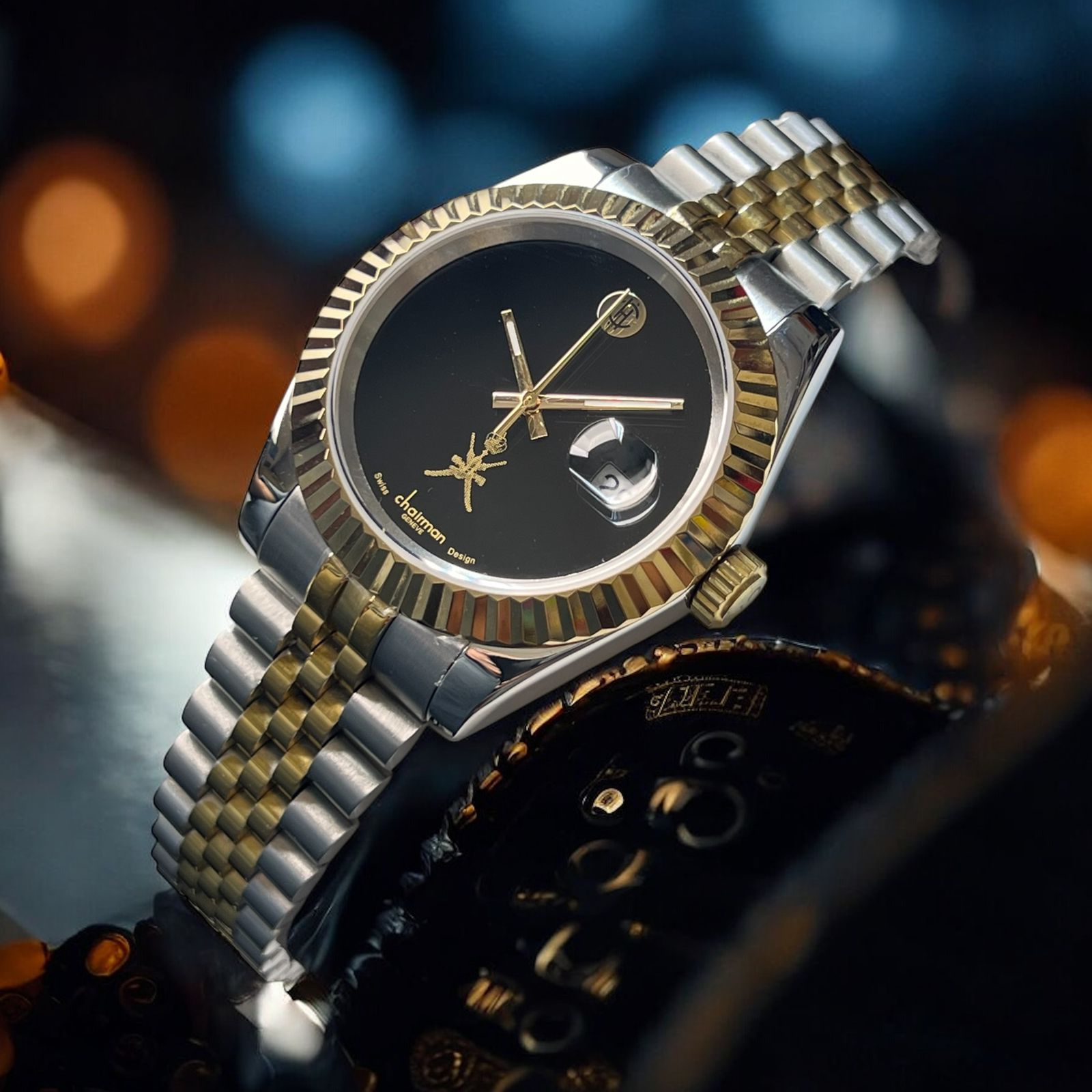 Chairman Geneve OMAN Emblem Dated Black Dial Silver And Gold Chain Gents Watch