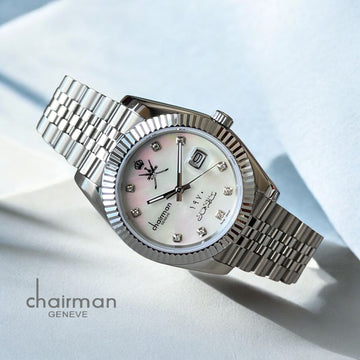 Chairman Geneve OMAN Emblem Dated Stone White Dial Silver Chain Gents Watch