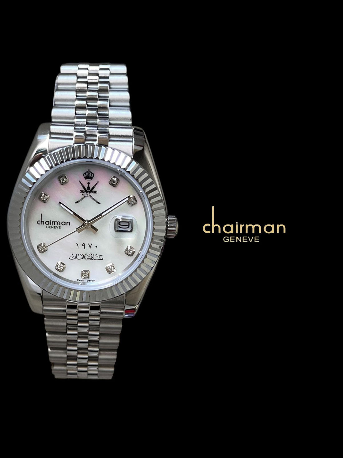 Chairman Geneve OMAN Emblem Dated Stone White Dial Silver Chain Gents Watch