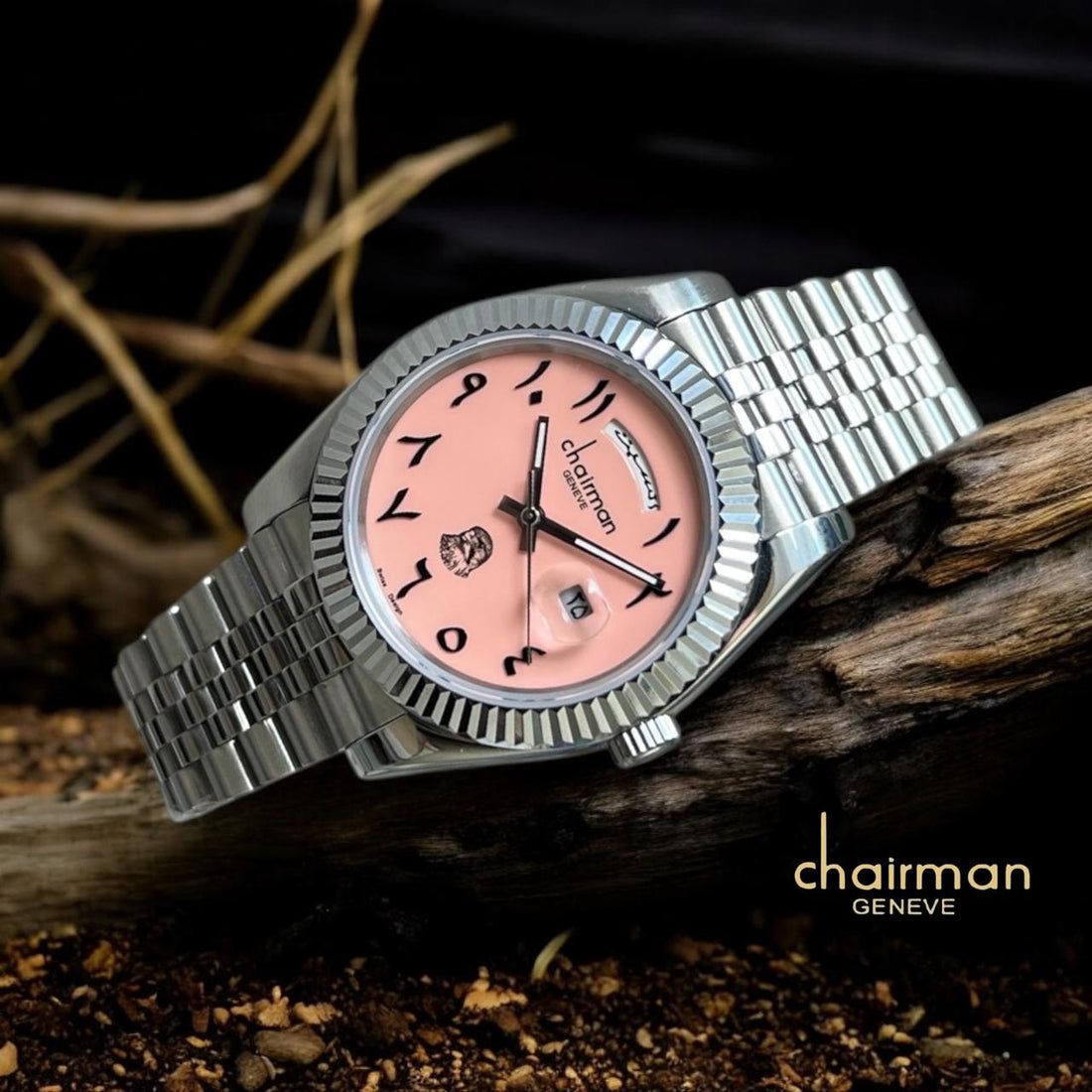 ساعة Chairman Geneve Pink Dated Arabic Strap للرجال بسوار فضي