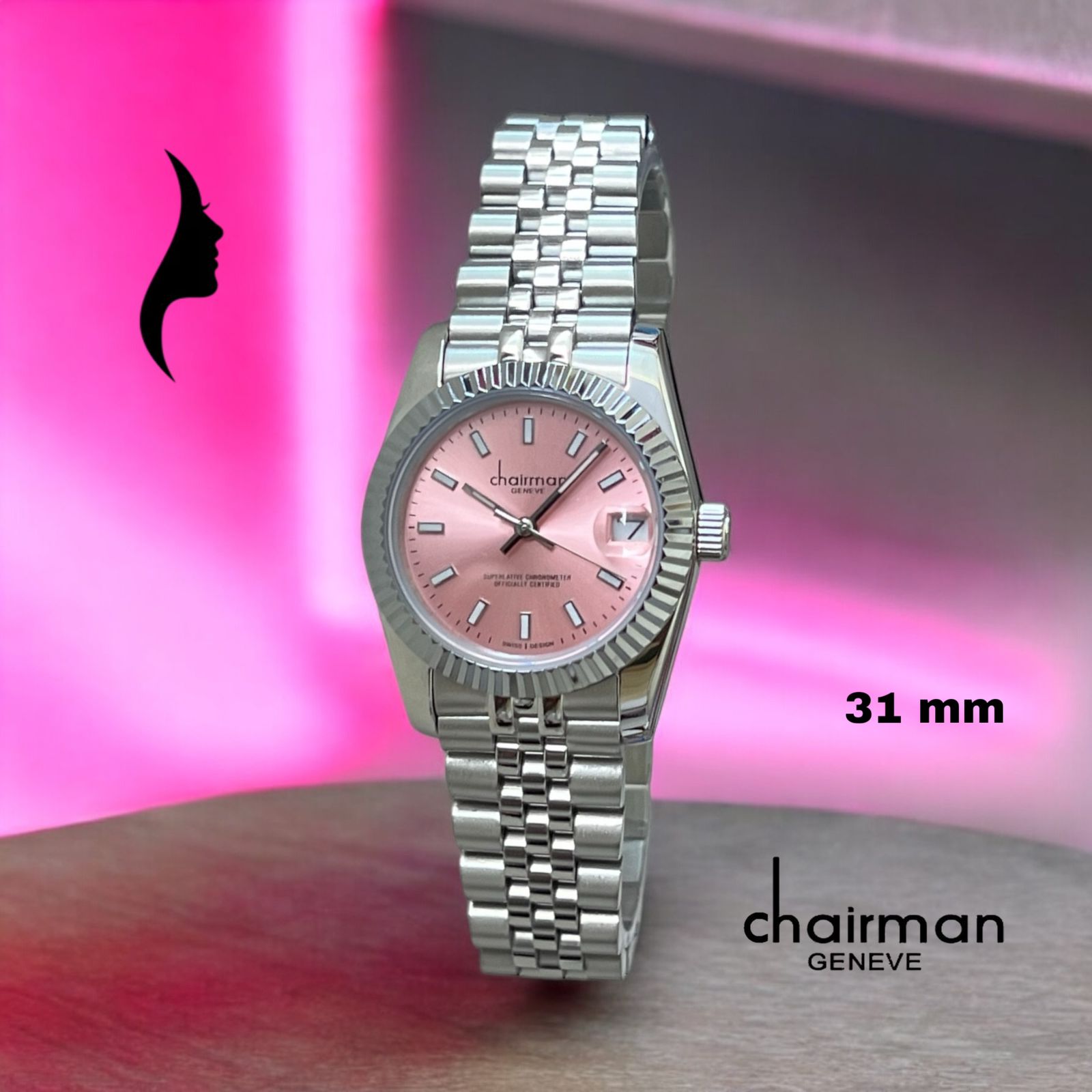 ساعة Chairman Geneve Pink Dated Dial Silver Strap للرجال