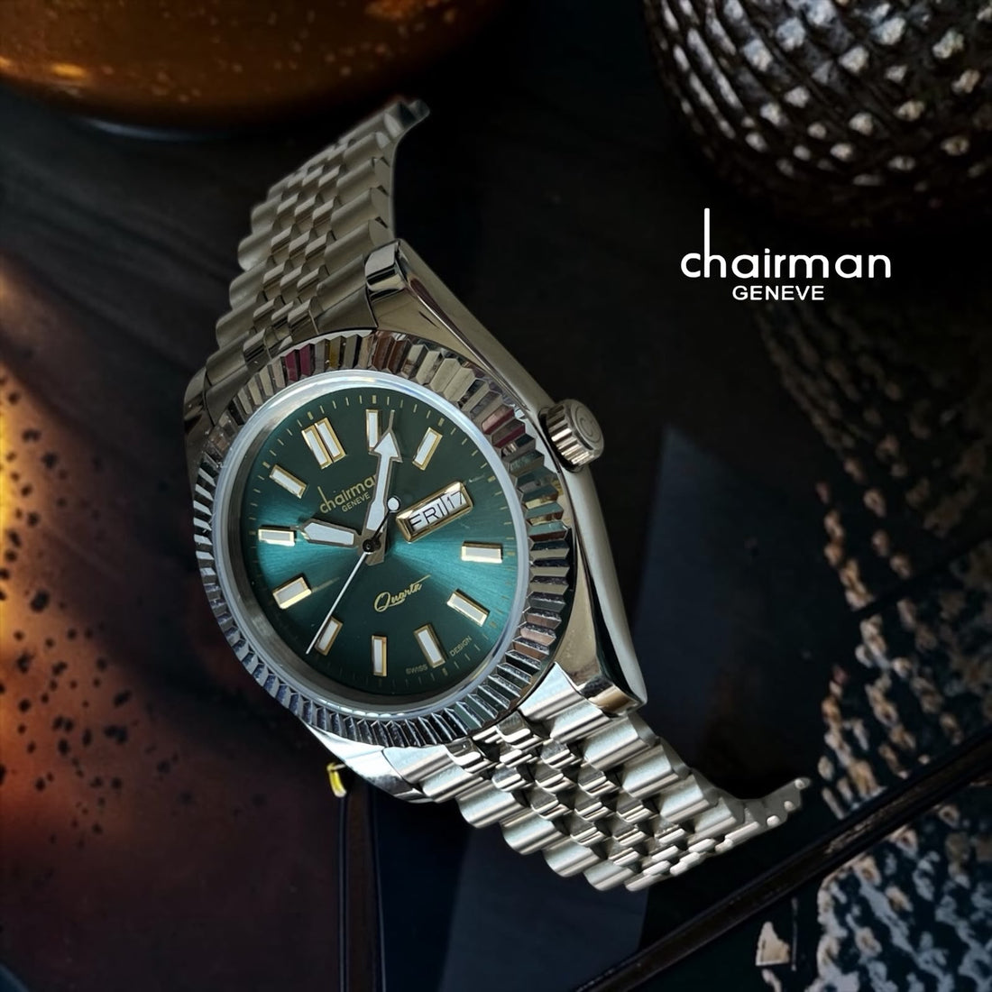 Chairman Geneve Quarta Day And Dated Green Dial Silver Chain Gents Watch
