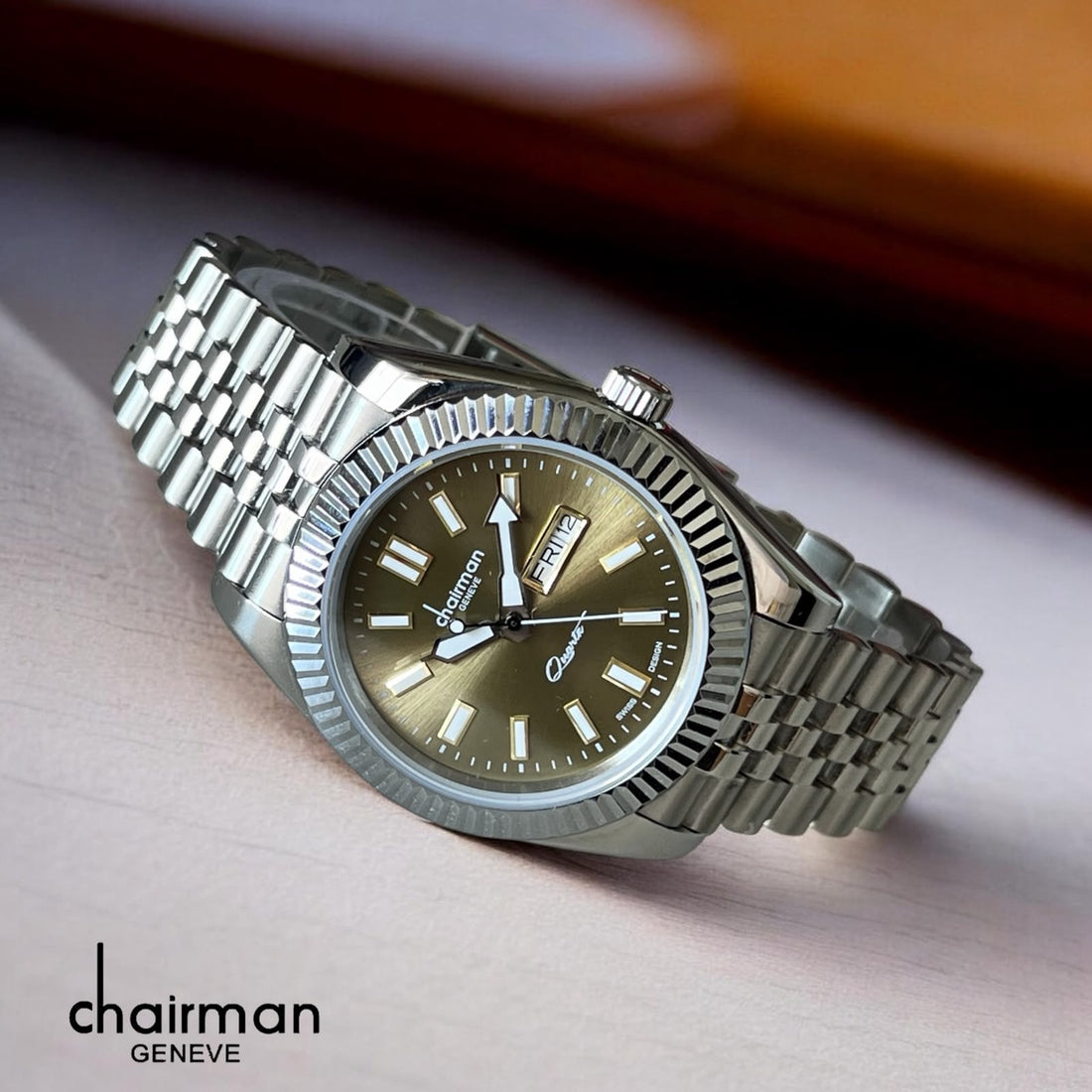 Chairman Geneve Day And Dated Grey Dial Silver Chain Gents Watch
