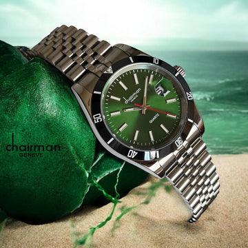 Chairman Geneve Quartz Green Dated Dial Silver Chain Gents Watch