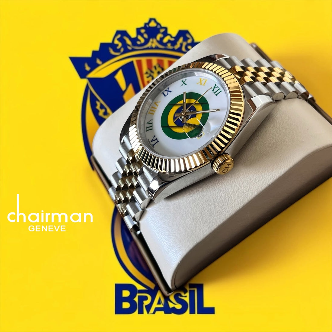 Chairman Geneve Roman White Dated Brazil Dial Silver And Gold Chain Gents Watch
