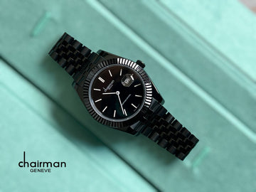 Chairman Geneve Sapphire Crystal Black Dated Dial Black Chain Gents Watch