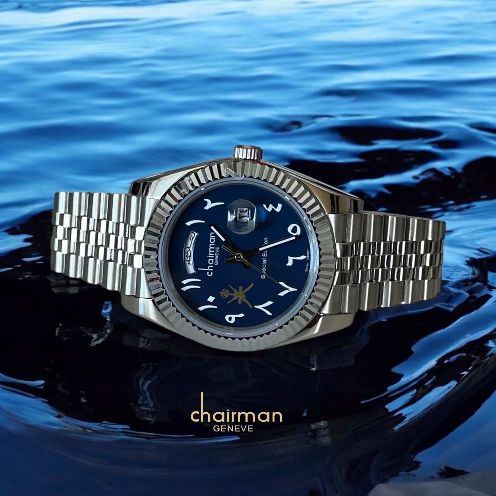 ساعة Chairman Geneve Special Edition عربية مؤرخة ويومية للرجال بمينا زرقاء