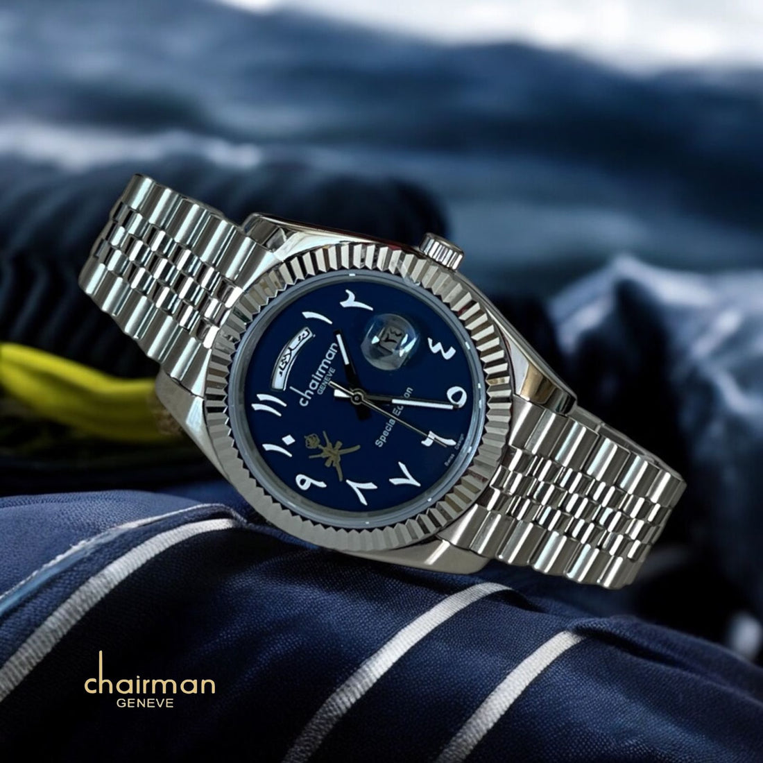 ساعة Chairman Geneve Special Edition عربية مؤرخة ويومية للرجال بمينا زرقاء