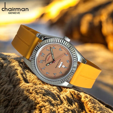 ساعة Chairman Geneve Special Edition Arabic Day And Dated ذات الميناء البيج والحزام الأصفر للرجال