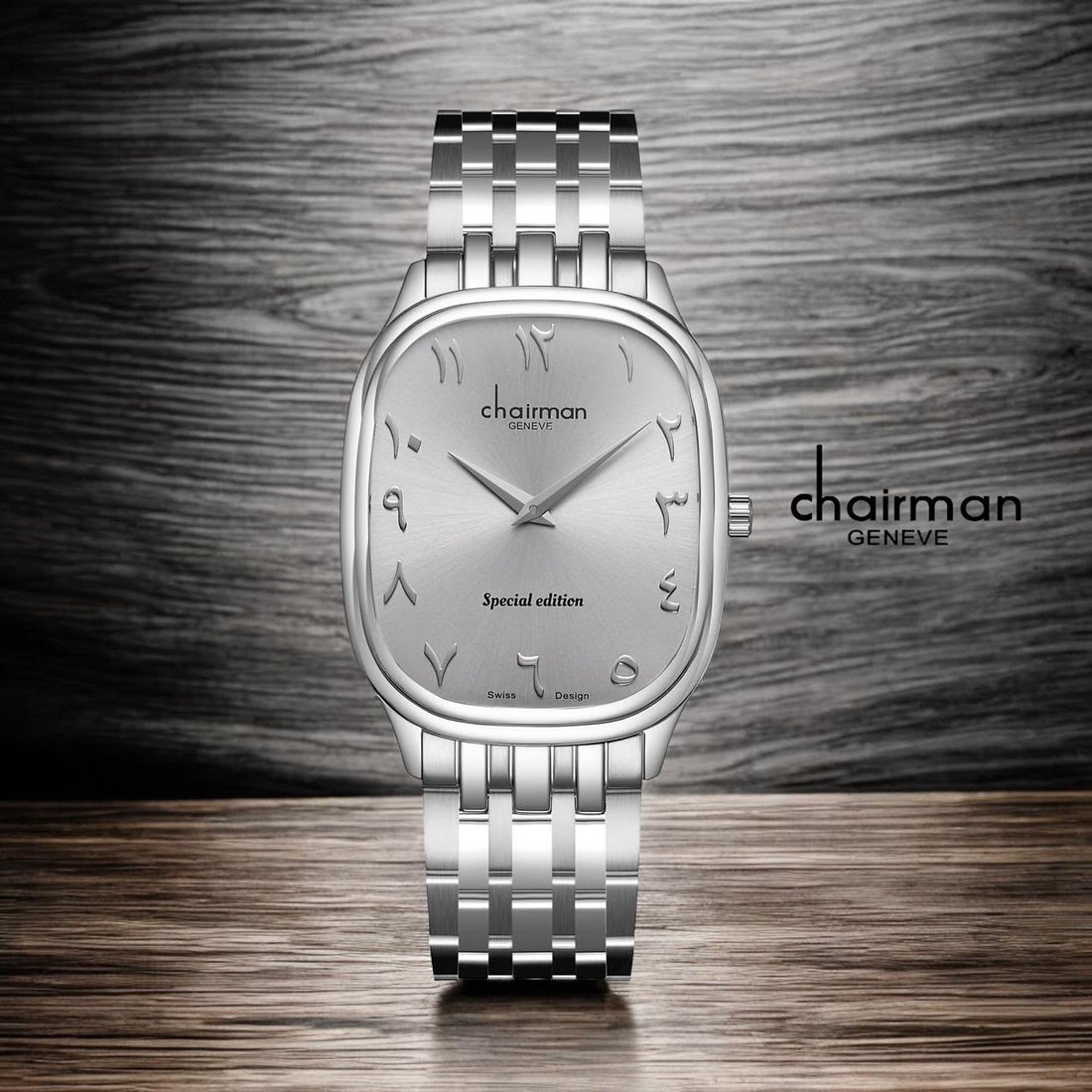 Chairman Geneve Special Edition Arabic Grey Dial Silver Chain Gents Watch