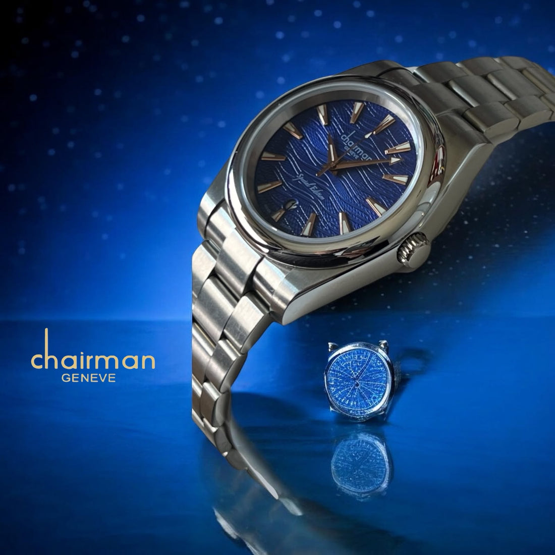 Chairman Geneve Special Edition Dated Blue Dial Silver Chain Gents Watch