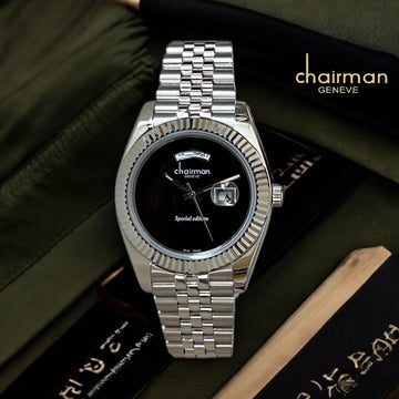 Chairman Geneve Special Edition Day And Dated Black Dial Silver Chain Gents Watch