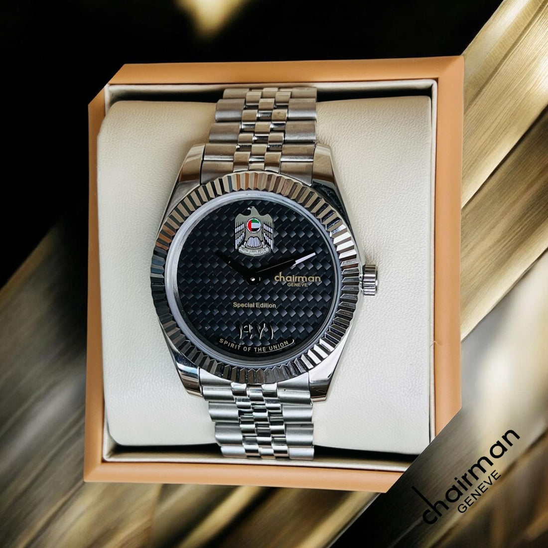 Chairman Geneve Special Edition UAE Emblem Black Dial Silver Chain Gents Watch
