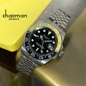 ساعة Chairman Geneve Superlative Chronometer Dated ذات الميناء الأسود والحزام الفضي للرجال