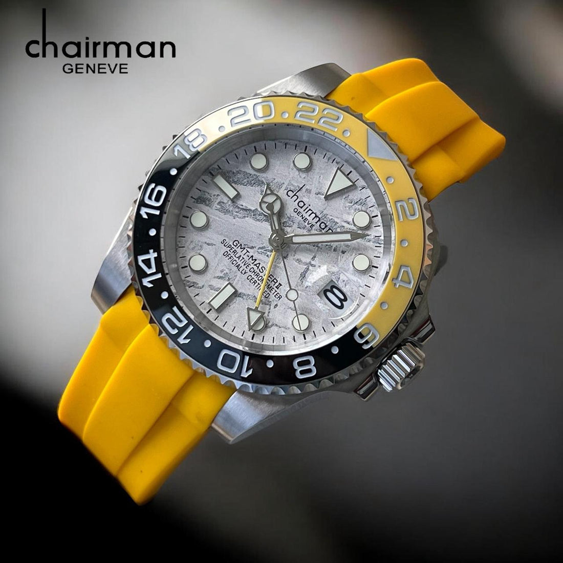 Chairman Geneve Superlative Chronometer Dated Grey Marble Dial Yellow Strap Gents Watch