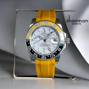Chairman Geneve Superlative Chronometer Dated Grey Marble Dial Yellow Strap Gents Watch