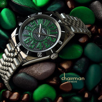 Chairman Geneve Swiss Design Black And Green Dial Silver Chain Gents Watch