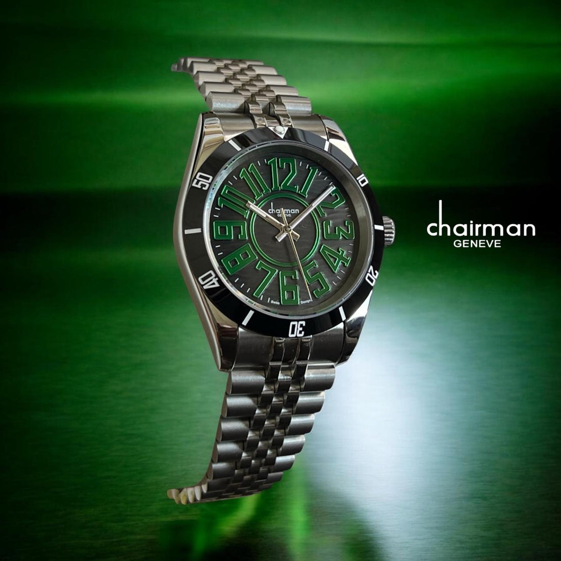 Chairman Geneve Swiss Design Black And Green Dial Silver Chain Gents Watch