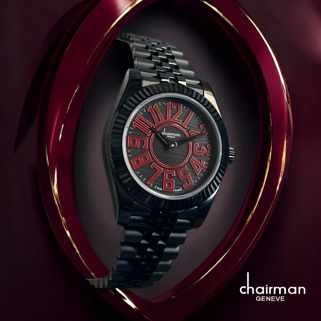 Chairman Geneve Swiss Design Black And Maroon Dial Black Gents Watch