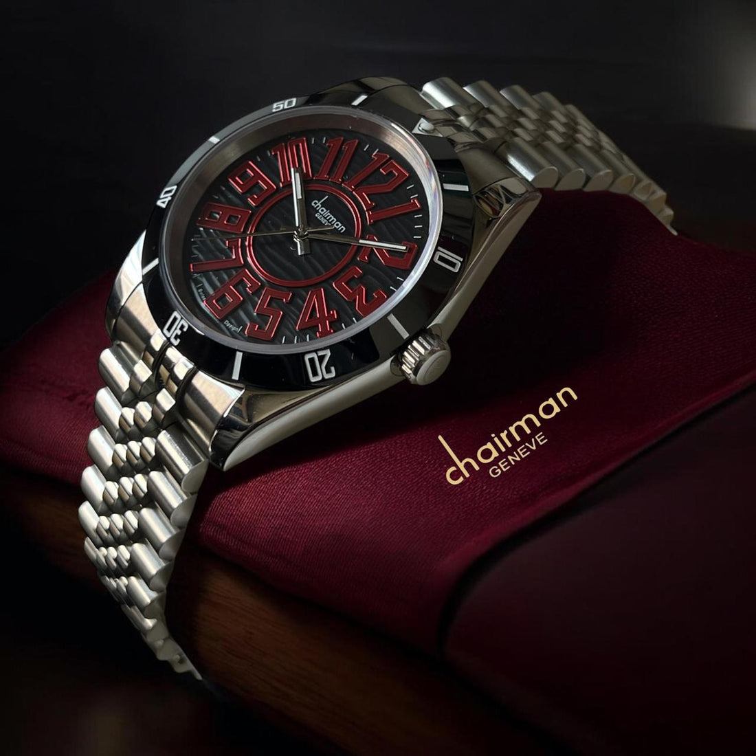 Chairman Geneve Swiss Design Black And Red Dial Silver Chain Gents Watch