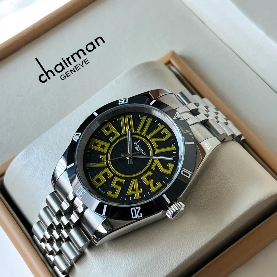 Chairman Geneve Swiss Design Black Dial Silver Chain Gents Watch