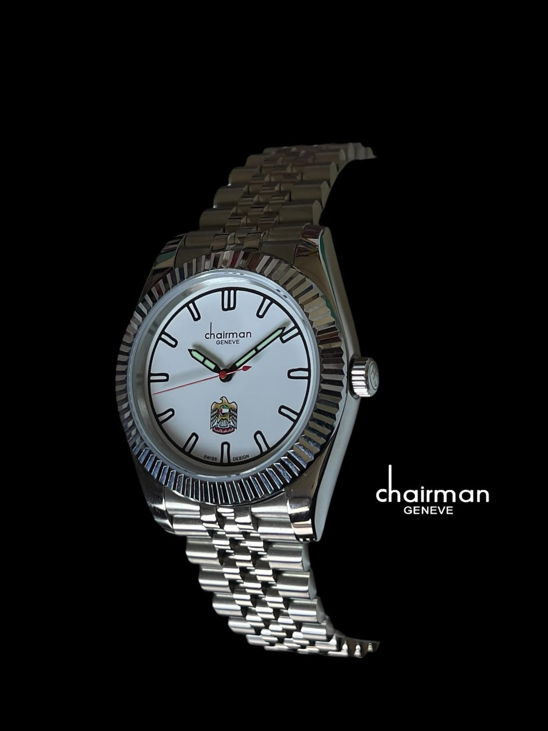 Chairman Geneve Swiss Design UAE Emblem White Dial Silver Chain Gents Watch