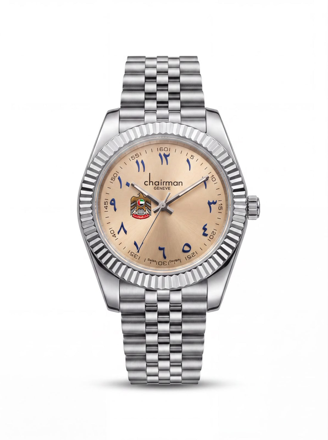 Chairman Geneve UAE Emblem Arabic Baby Pink Dial Silver Chain Gents Watch