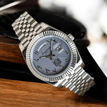 Chairman Geneve UAE Emblem Arabic Dated Grey Dial Silver Chain Gents Watch