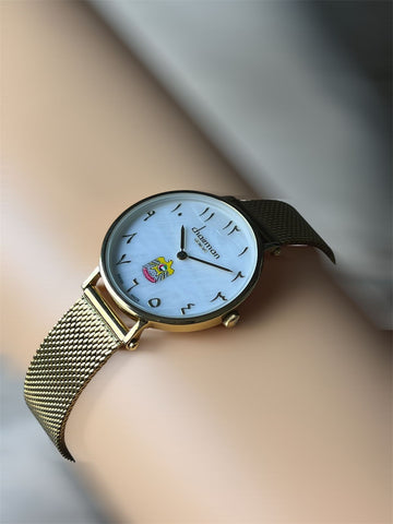 Chairman Geneve UAE Emblem Arabic White Dial Golden Chain Ladies Watch