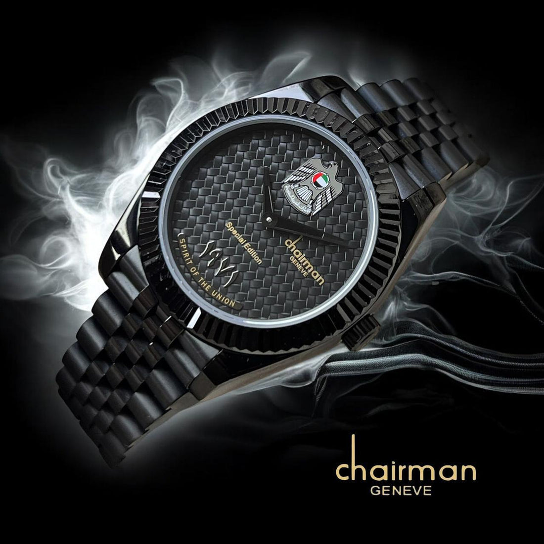 Chairman Geneve UAE Emblem Black Dial Black Chain Gents Watch