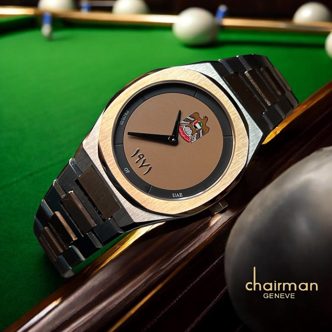 Chairman Geneve UAE Emblem Brown Dial Silver And Bronze Chain Gents Watch
