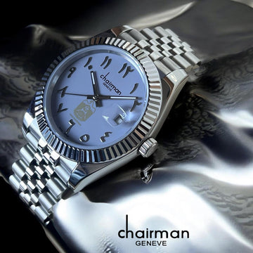 Chairman Geneve UAE Emblem Dated Arabic Baby Blue Dial Silver Chain Gents Watch