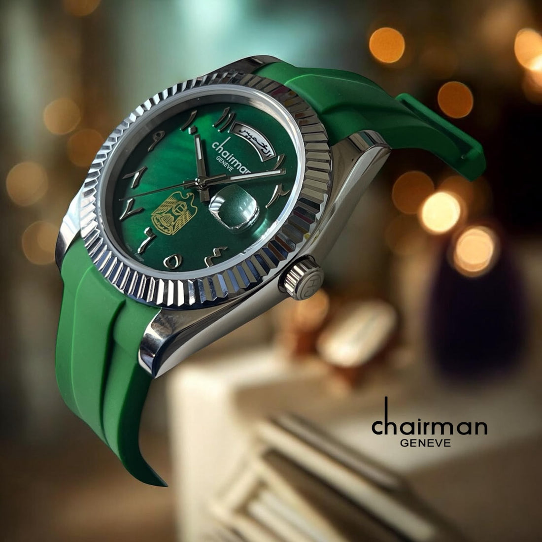 Chairman Geneve UAE Emblem Dated Arabic Green Dial Green Strap Gents Watch