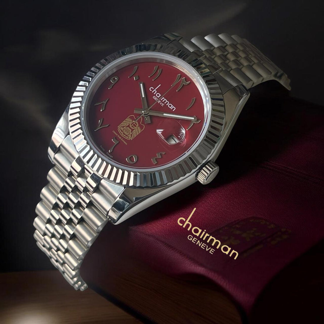 Chairman Geneve UAE Emblem Dated Arabic Maroon Dial Silver Chain Gents Watch