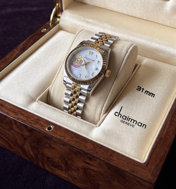 Chairman Geneve UAE Emblem Dated Arabic White Dial Silver And Gold Chain Ladies Watch