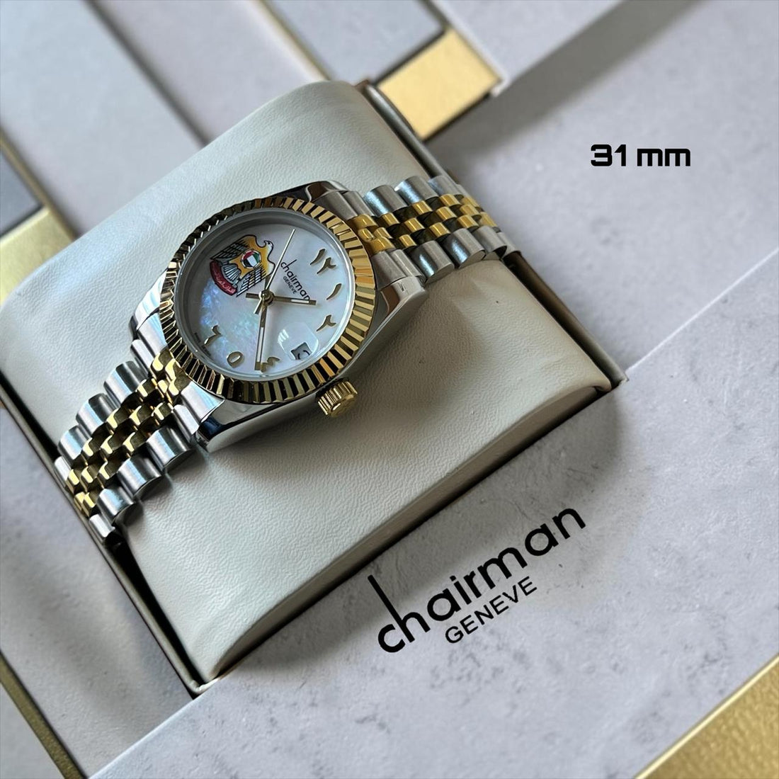 Chairman Geneve UAE Emblem Dated Arabic White Dial Silver And Gold Chain Ladies Watch