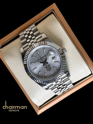 Chairman Geneve UAE Emblem Dated Baby Grey Dial Silver Chain Gents Watch
