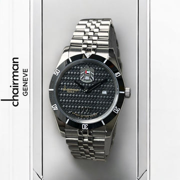 Chairman Geneve UAE Emblem Dated Black Dial Silver Chain Gents Watch