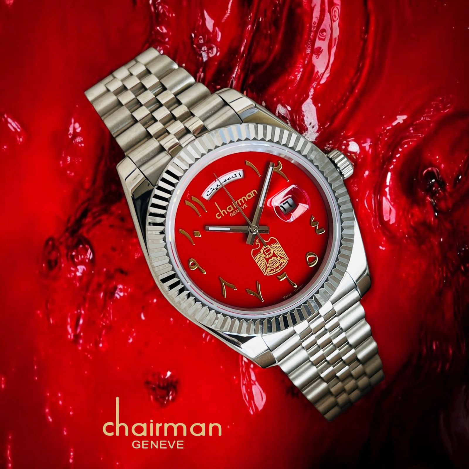 Chairman Geneve UAE Emblem Dated Red Dial Silver Chain Gents Watch ...