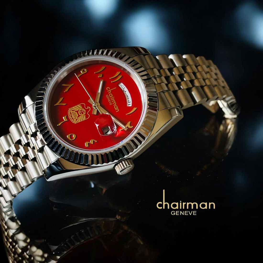 Chairman Geneve UAE Emblem Dated Red Dial Silver Chain Gents Watch
