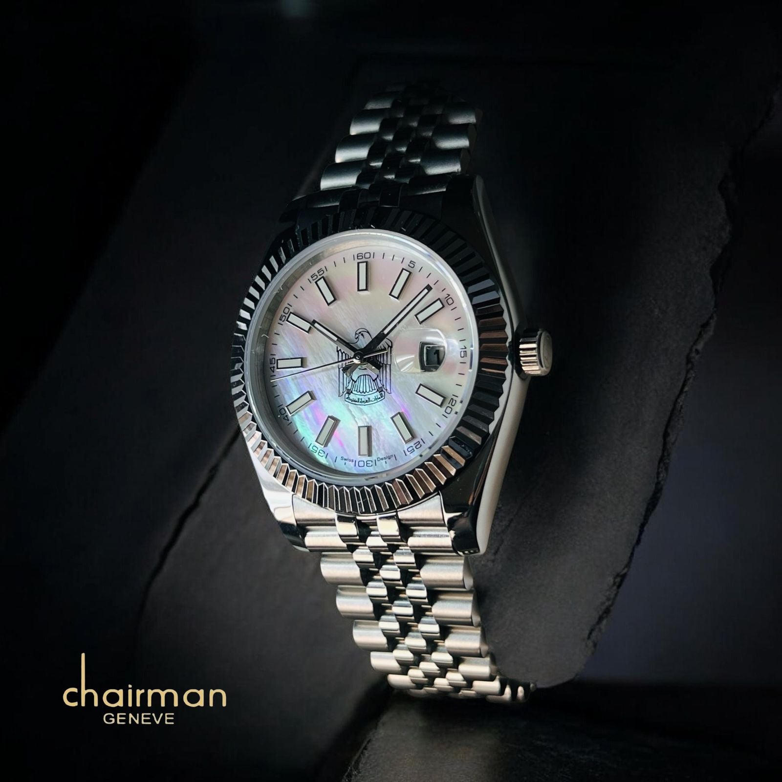 Chairman Geneve UAE Emblem Dated White Dial Silver Chain Gents Watch ...