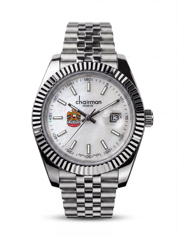 Chairman Geneve UAE Emblem Dated White Dial Silver Chain Gents Watch