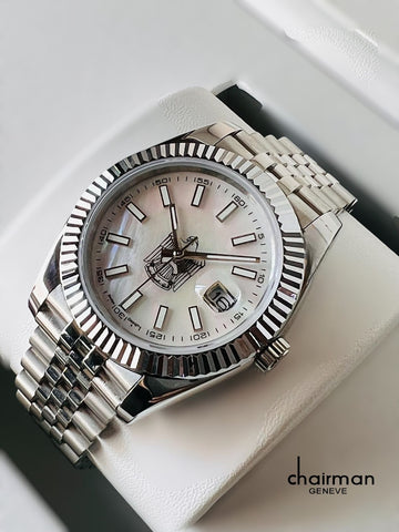 Chairman Geneve UAE Emblem Dated White Dial Silver Chain Gents Watch