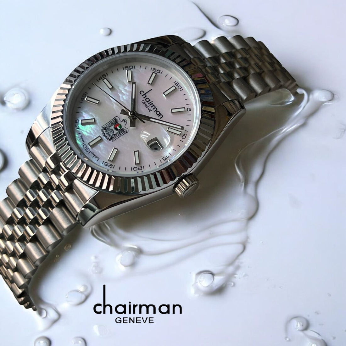 Chairman Geneve UAE Emblem Dated White Marble Dial Silver Chain Gents Watch
