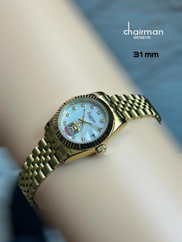 Chairman Geneve UAE Emblem Dated White Stone Dial Golden Chain Women Watch