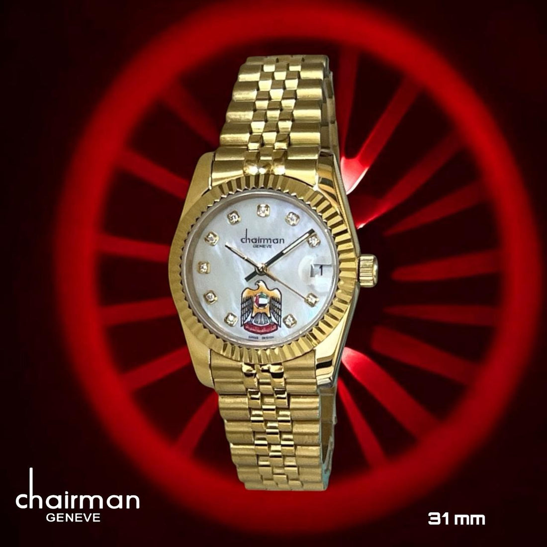 Chairman Geneve UAE Emblem Dated White Stone Dial Golden Chain Women Watch